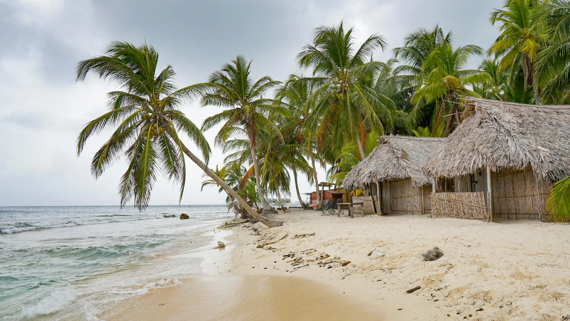 Une scène de plage paisible présentant des cabanes rustiques aux toits de chaume nichées au milieu de palmiers balancés le long d'une côte immaculée. Les eaux calmes de l'océan rencontrent le sable blanc, créant un paradis tropical serein et accueillant.
